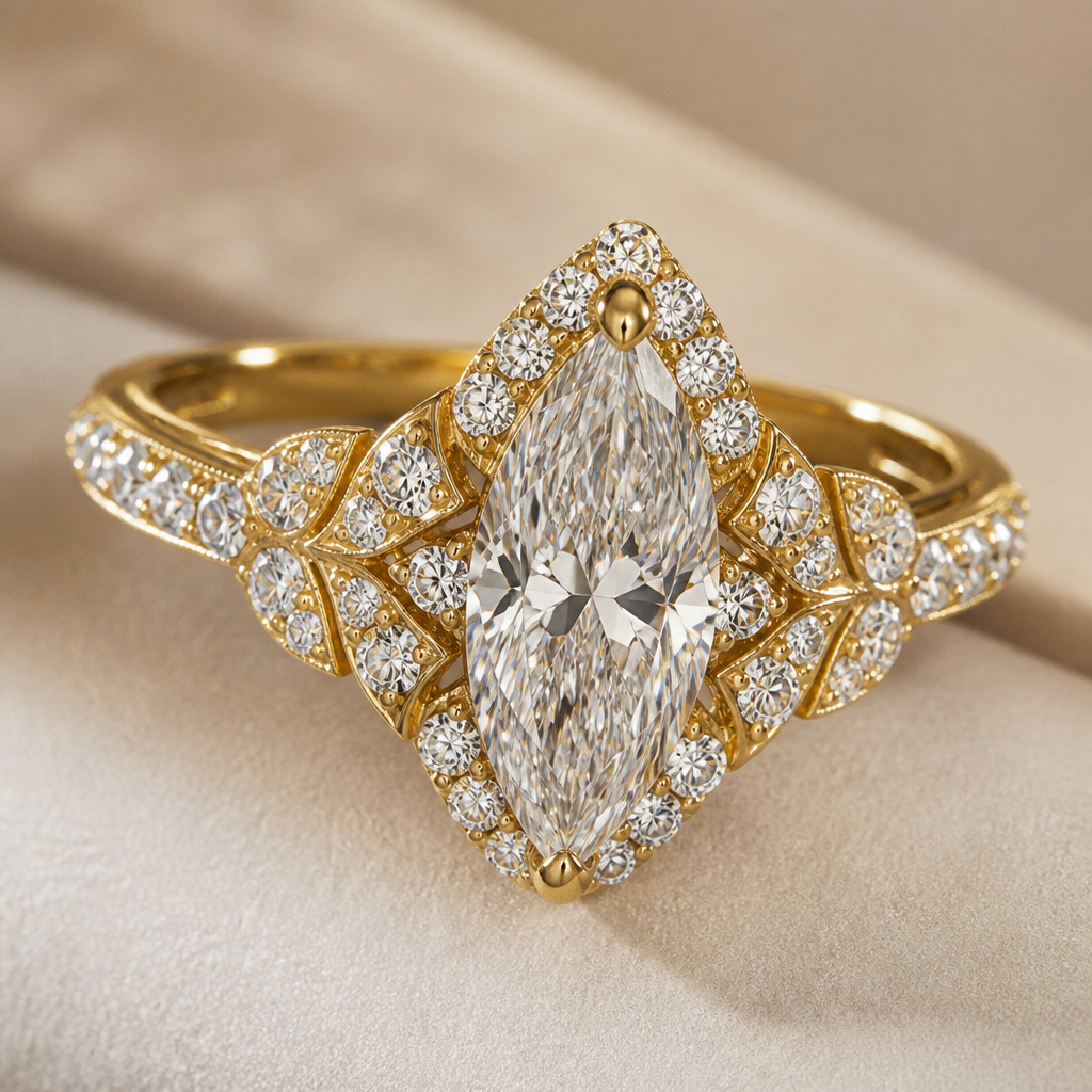 A luxury women's ring made of gold with diamond stones suitable for wedding, detailed and decorative, moderately ornate. кольцо с вытянутым камнем 5 карат
photorealistic jewelry design, A luxury women's ring made of gold with diamond stones suitable for wedding, detailed and decorative, moderately ornate. кольцо с вытянутым камнем 5 карат, luxury style, just the design no text