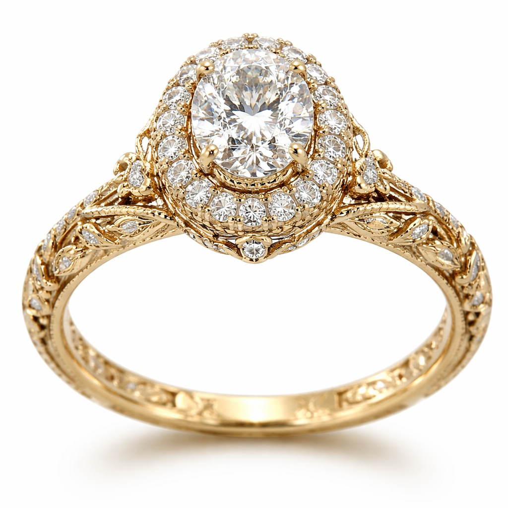 Gold vintage engagement ring oval diamond with a halo and hidden halo connected by a basket and a thin leaf eternity band and floral and art deco elements