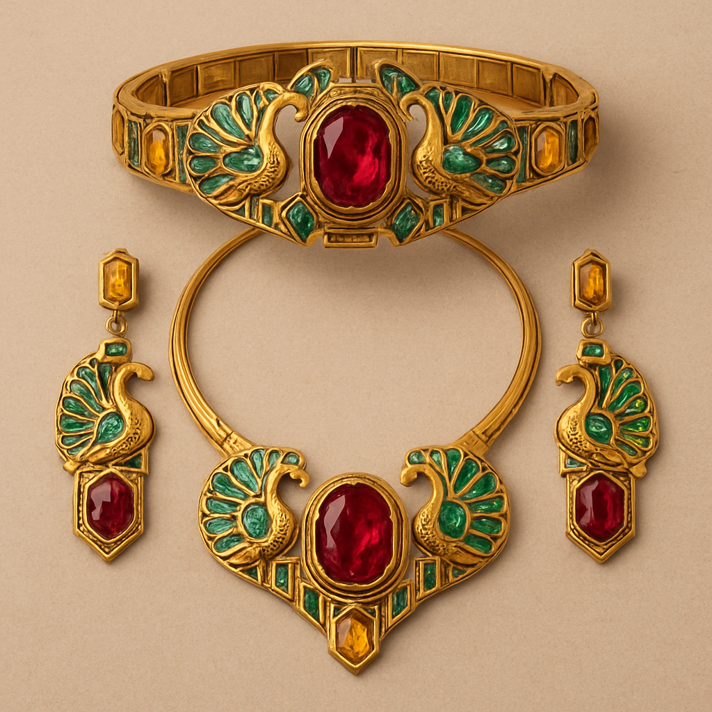 A full Ruby jewelry set including bracelet with at least 10 citrine and green topaz inlays with peacock themes and an omega necklace