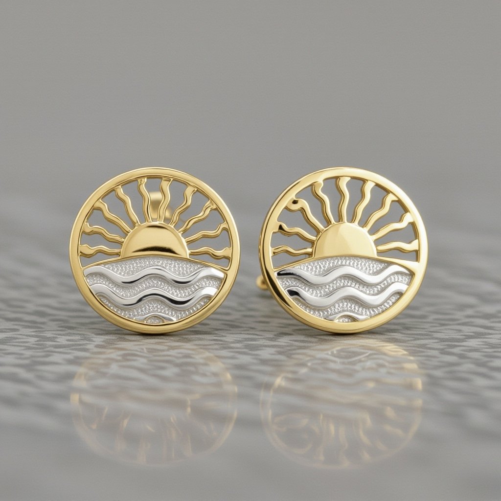 Золотые серьги полукруг половинка горящего солнца мятое неровное золото лучи волнистые другая половинка круга серебряная 