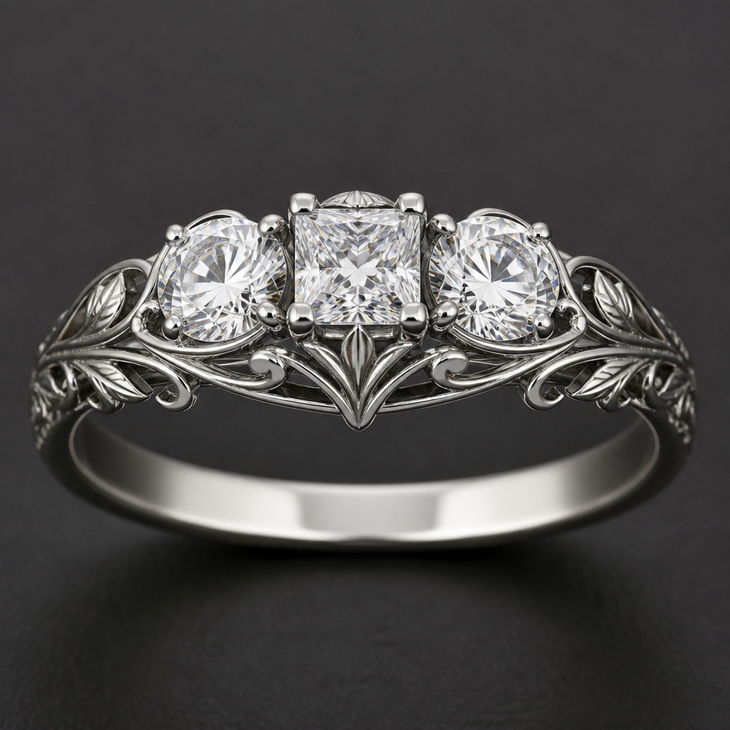Two round and one princess cut diamonds in a ring
photorealistic jewelry design, Two round and one princess cut diamonds in a ring, art_nouveau style, just the design no text