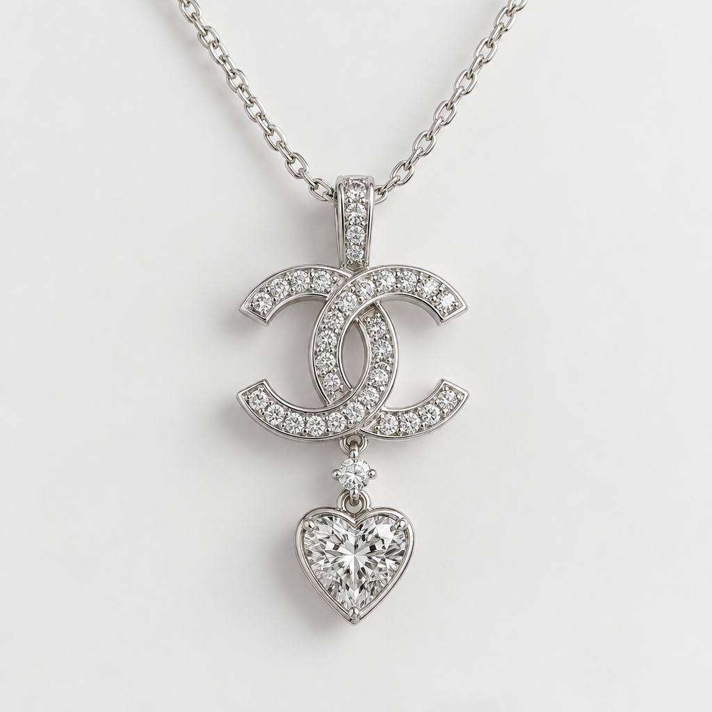 A modern women's pendant made of white gold with diamond stones suitable for daily wear. cost 300$, Chanel design, love symbol,
photorealistic jewelry design, A modern women's pendant made of white gold with diamond stones suitable for daily wear. cost 300$, Chanel design, love symbol,, modern style, just the design no text