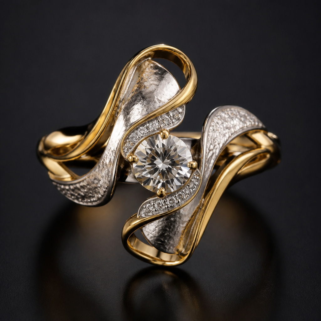 A avant-garde women's ring made of mixed metal with diamond stones suitable for festival. An extraordinary excellent beautiful delicate and elegant solitaire women ring. Face of the ring.
photorealistic jewelry design, A avant-garde women's ring made of mixed metal with diamond stones suitable for festival. An extraordinary excellent beautiful delicate and elegant solitaire women ring. Face of the ring., avant_garde style, just the design no text