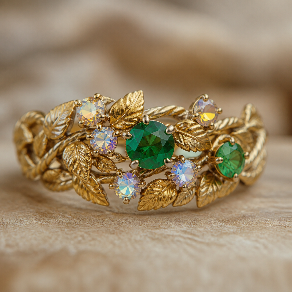 Emeralds and aurora diamonds connected to gold leaf rope band
photorealistic jewelry design, Emeralds and aurora diamonds connected to gold leaf rope band , bohemian style, just the design no text