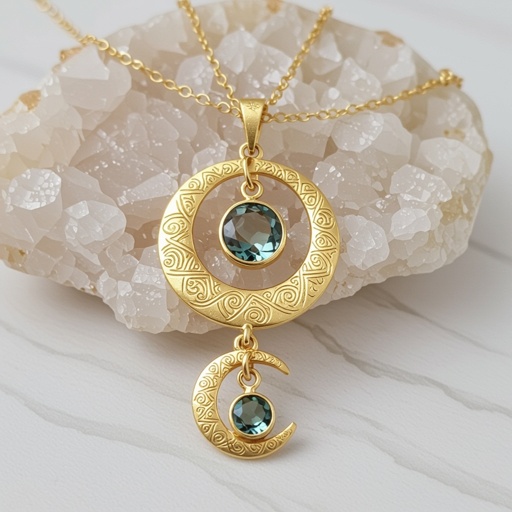  Подвеска из трех полумесяцев с узорами и камнями раухтопаза из матового неровного светлого золота с узорами соединенных цепочкой сверху самый широкий полукруг дальше средний и снизу самый маленький