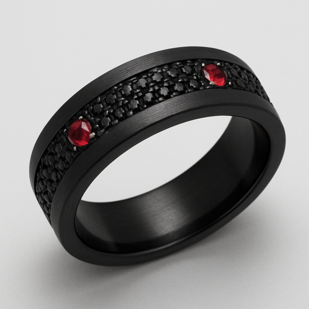 Men’s thick wedding band black with black stones and 2 rubies 