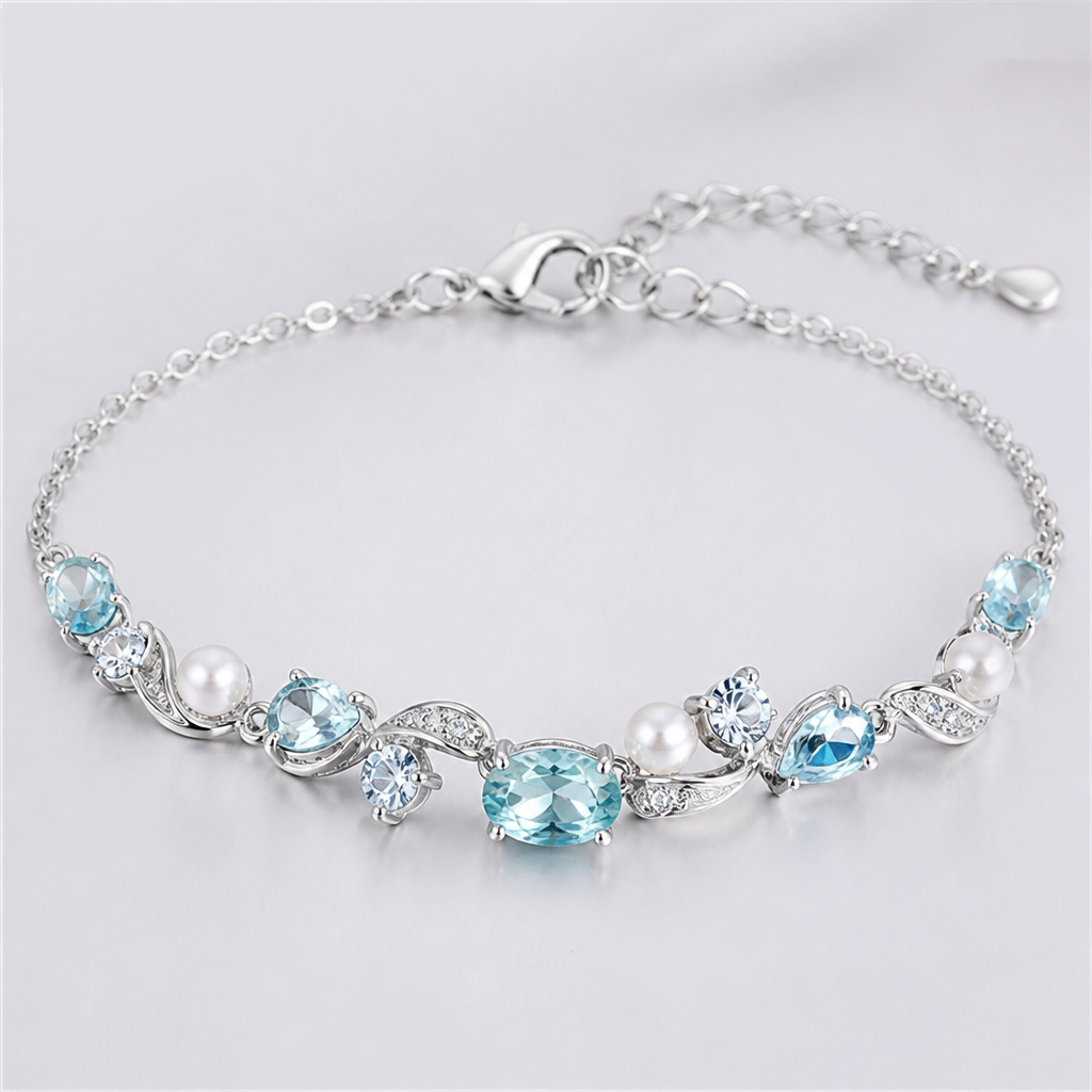 A modern women's bracelet made of silver with aquamarine stones suitable for daily wear. make a bracelet with Swarovski and pearls with a name on it
photorealistic jewelry design, A modern women's bracelet made of silver with aquamarine stones suitable for daily wear. make a bracelet with Swarovski and pearls with a name on it, modern style, just the design no text