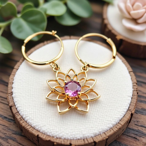 Серьги небольшие кольца, подвеска в виде золотого лотоса шестью лепестками с маленьким розовым кварцем по центру