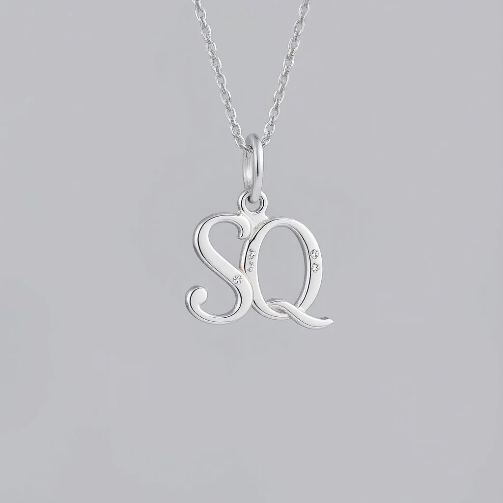 silver necklace with the pendant in conjoined letters SQ with white  stones. Make it cute and simple 