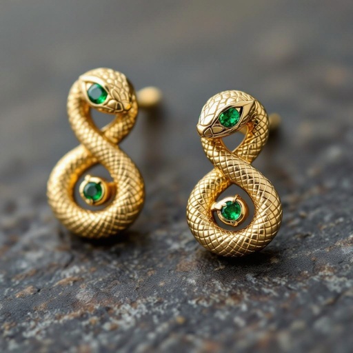 Небольшие золотые матовые серьги в виде символической змеи