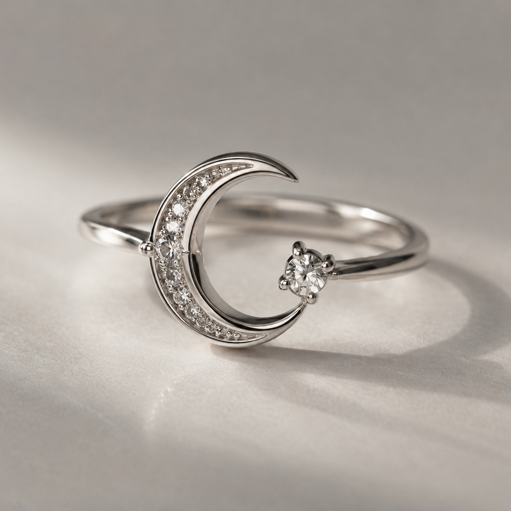 یک حلقه با طرح ماه نیمه برام طراحی کن به رنگ نقره ای
photorealistic jewelry design, یک حلقه با طرح ماه نیمه برام طراحی کن به رنگ نقره ای , just the design no text