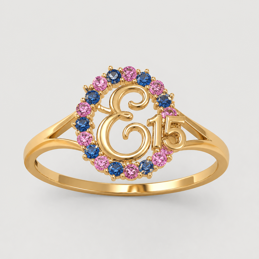 A classic women's ring made of gold. um anel de 15 anos com inicial E com pedrinhas azul e pedrinhas rosa em volta
photorealistic jewelry design, A classic women's ring made of gold. um anel de 15 anos com inicial E com pedrinhas azul e pedrinhas rosa em volta, classic style, just the design no text