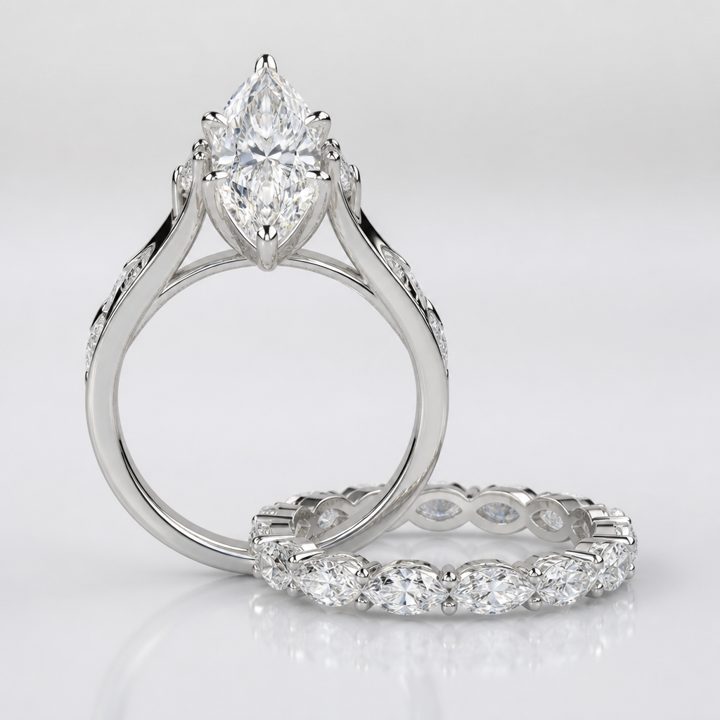 Wedding set marquise with cathedral setting
Anniversary band
photorealistic jewelry design, Wedding set marquise with cathedral setting
Anniversary band, modern style, just the design no text