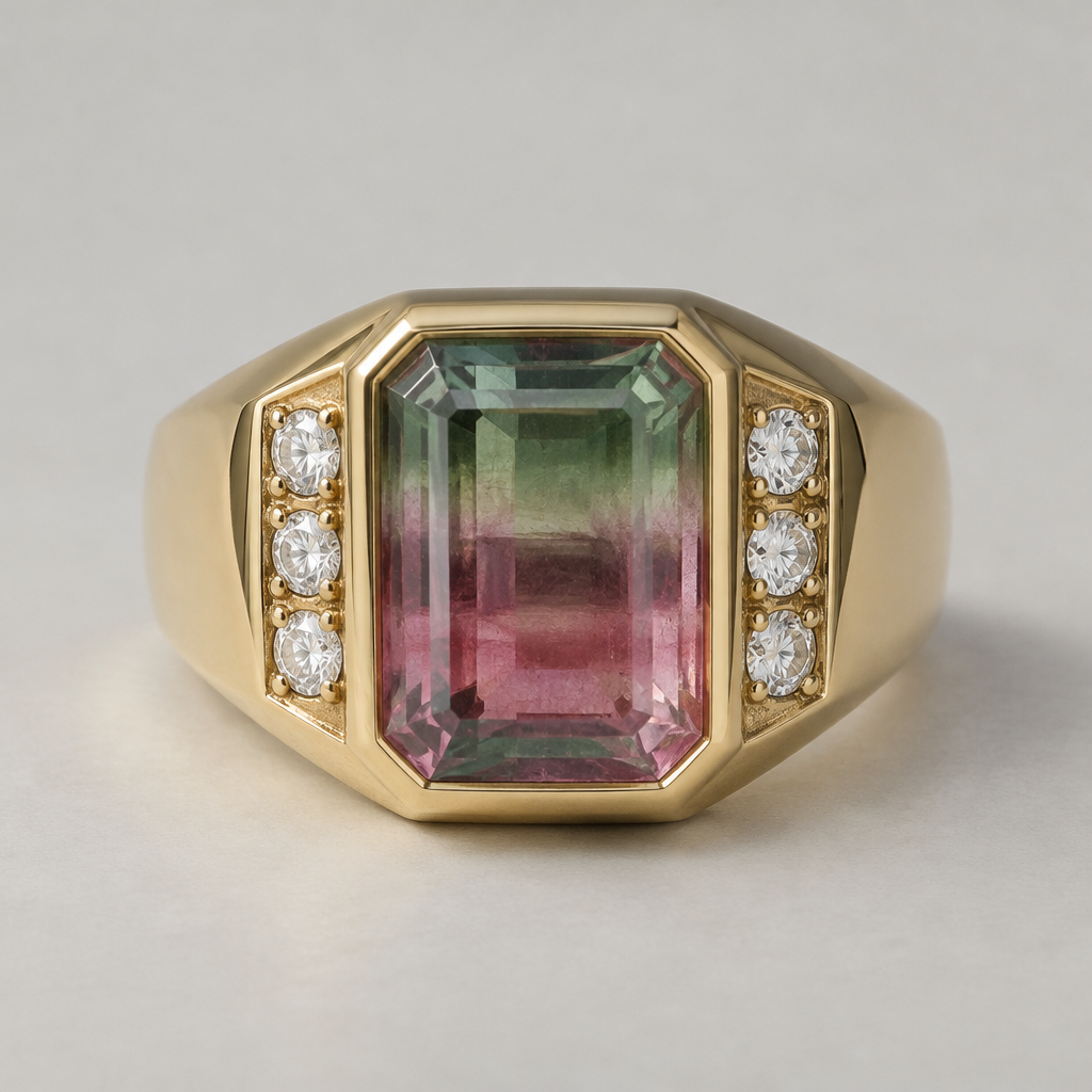 Create a bold signet style ring with a pink and green emerald cut Flourite stone bezel set in the center. Along east and west side of the center stone, put 3 melee diamonds set in a row.
photorealistic jewelry design, Create a bold signet style ring with a pink and green emerald cut Flourite stone bezel set in the center. Along east and west side of the center stone, put 3 melee diamonds set in a row. , just the design no text