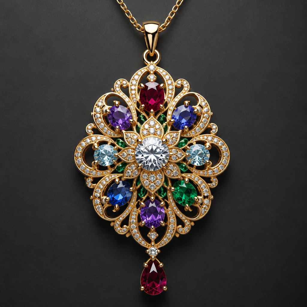 A pendant women's ring made of gold with diamond and ruby and sapphire and emerald and amethyst and aquamarine stones suitable for gift, highly ornate, intricate and elaborate, richly detailed. collier en or avec un diamant au milieu du pendentif
photorealistic jewelry design, A pendant women's ring made of gold with diamond and ruby and sapphire and emerald and amethyst and aquamarine stones suitable for gift, highly ornate, intricate and elaborate, richly detailed. collier en or avec un diamant au milieu du pendentif, pendant style, just the design no text