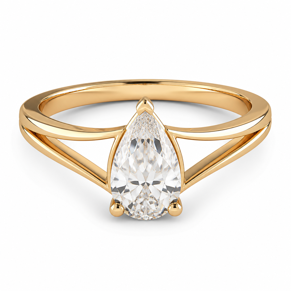 Pinched split shank tear drop dimond ring gold
photorealistic jewelry design, Pinched split shank tear drop dimond ring gold, just the design no text