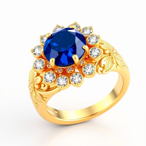 Create a highly detailed 3D render of a women’s ring called ‘Royal Blue Blossom’. The ring is made of 18K yellow gold. In the center, place a round-cut sapphire, about 6mm in diameter, deep royal blue. Surround the sapphire with a halo of small white diamonds arranged like delicate flower petals with natural spacing for a 3D floral effect. The band should have intricate Persian floral and leaf engravings, with fine, symmetrical lines. The surface of the band is slightly textured to catch light and highlight the engravings. Inner band smooth and comfortable for daily wear. Stones should be securely set with prongs or bezels. Emphasize elegance, sophistication, and a luxurious royal style. Use soft, diffused lighting, warm gold tone, bright white diamonds, and deep blue sapphire. Show both top and angled side views to highlight details.