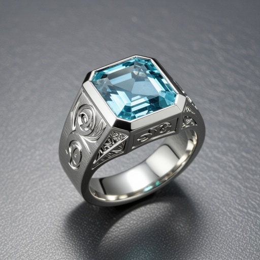 Aquamarine ring with pisces motif for man.