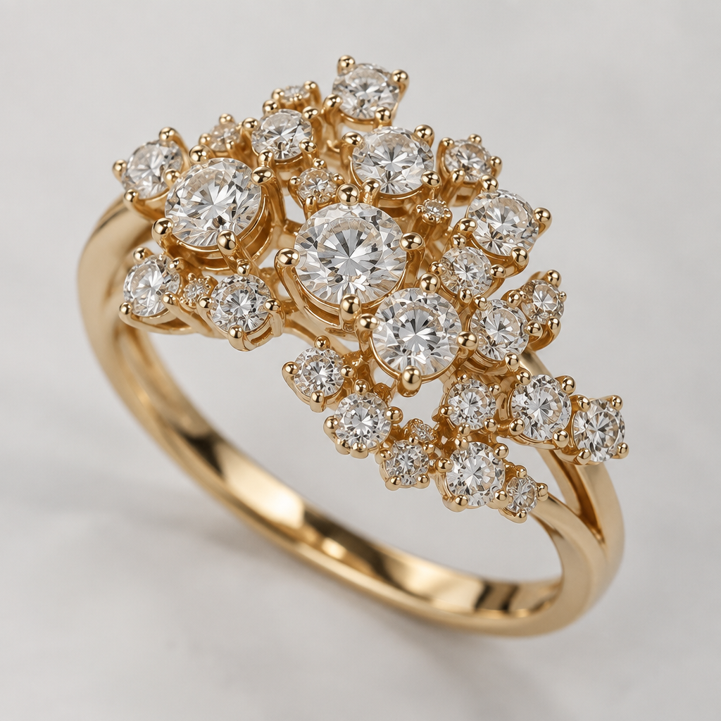 A modern women's ring made of gold with diamond stones. 34 cluster diamonds ranging in size, but no larger than .25 of a carat
photorealistic jewelry design, A modern women's ring made of gold with diamond stones. 34 cluster diamonds ranging in size, but no larger than .25 of a carat, modern style, just the design no text