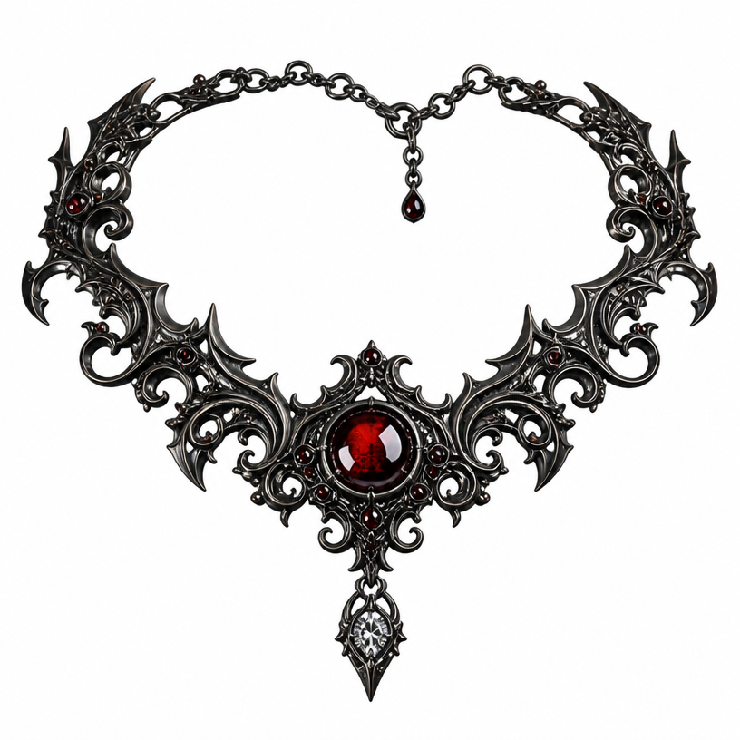 A gothic women's necklace made of titanium with garnet stones, highly ornate, intricate and elaborate, richly detailed. black necklace with a bright focal bead and a diamond pendant.
using the attached image as a visual reference, create A gothic women's necklace made of titanium with garnet stones, highly ornate, intricate and elaborate, richly detailed. black necklace with a bright focal bead and a diamond pendant.. photorealistic, just the design no text
