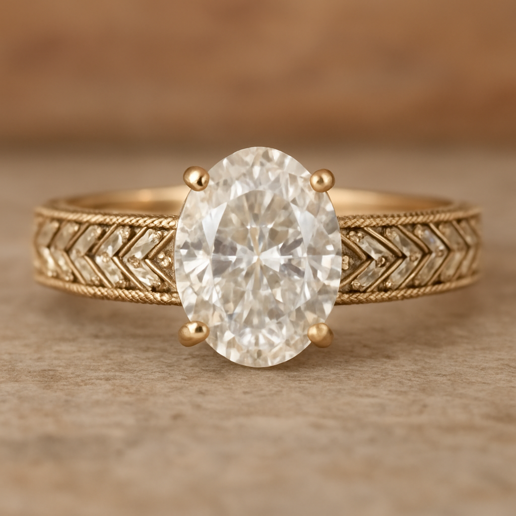 Herringbone baguette band with a 2ct oval center diamond 