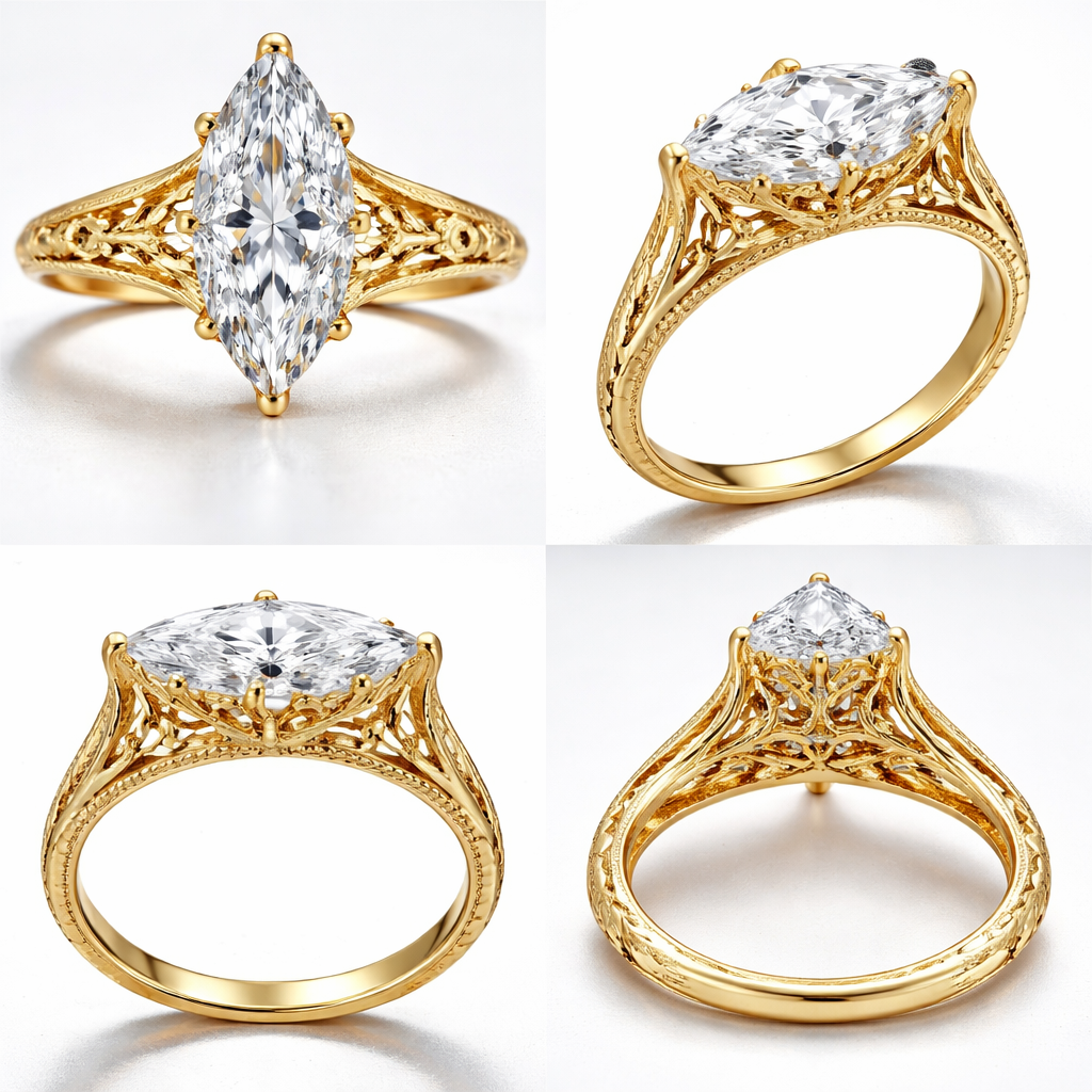 4 carat marquise solitaire ring, high setting, with 6 prongs, yellow gold, and create a view from different angles