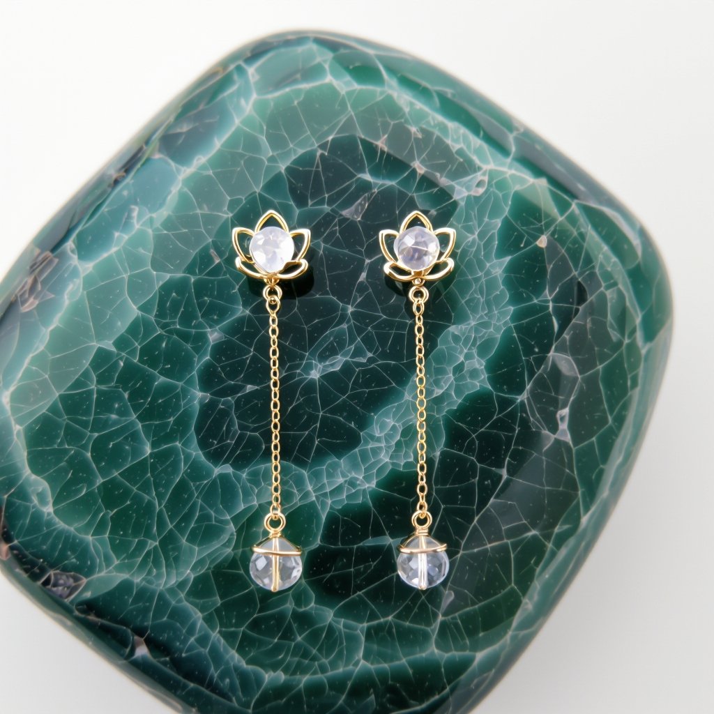Серьги золото изящный маленький плоский лотос с необработанным маленьким хрусталем в центре, от лотоса идет золотая цепочка вниз с еще одним маленьким камушком хрусталя