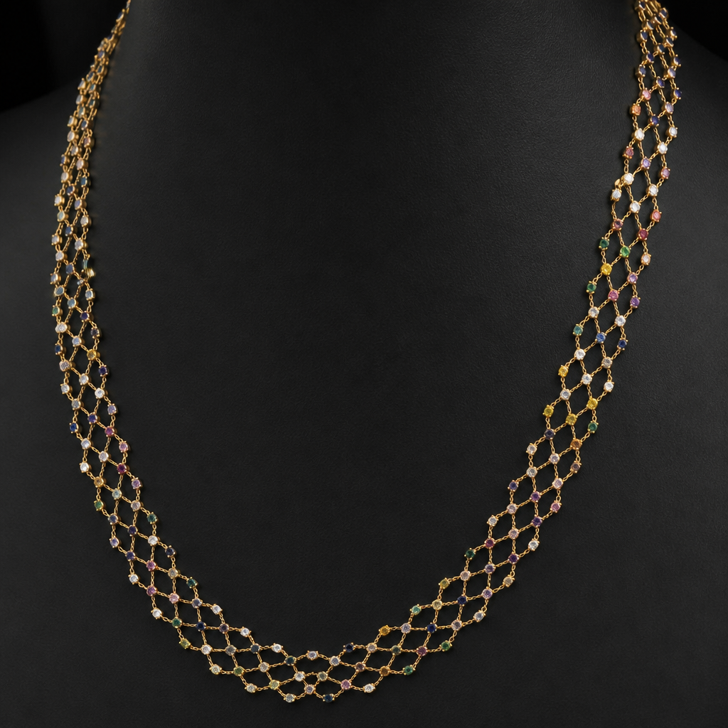 Gold net chain with tiny multicolored diamonds inbetween
photorealistic jewelry design, Gold net chain with tiny multicolored diamonds inbetween, chain style, just the design no text