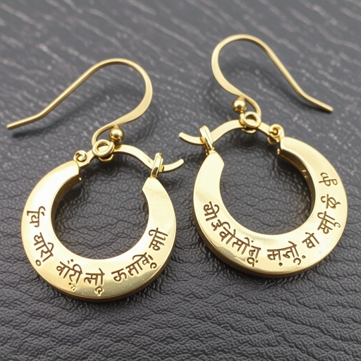 Серьги золотые в форме полукруга, полукруг как продолжение застежки, на полукруге надписи мантрами на санскрите