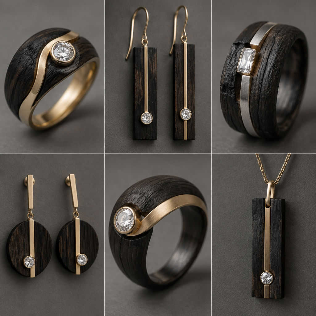 A women's ring. I need designs for bog oak wood with brass or silver and cz charms and earrings and rings
photorealistic jewelry design, A women's ring. I need designs for bog oak wood with brass or silver and cz charms and earrings and rings, modern style, just the design no text