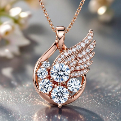 Design a contemporary pendant featuring a single, large diamond shaped like a wing, symbolizing freedom and elegance. The diamond is elegantly set in a sleek, minimalist rose gold frame that accentuates its brilliance. The modern aesthetic is enhanced with clean lines and asymmetry, making it a striking statement piece for the avant-garde wearer.