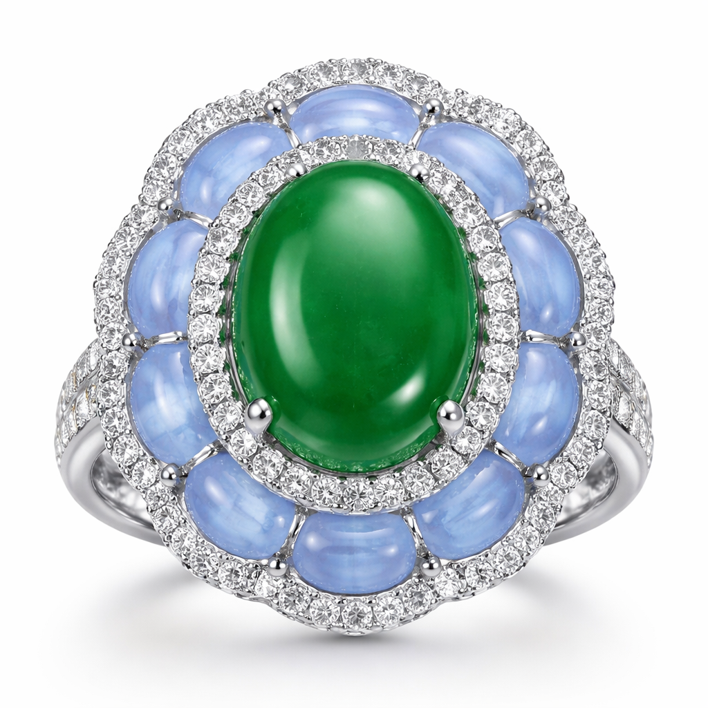 Make a ring with a green jade stone in the middle with blue lace agate around it and circled with diamonds.