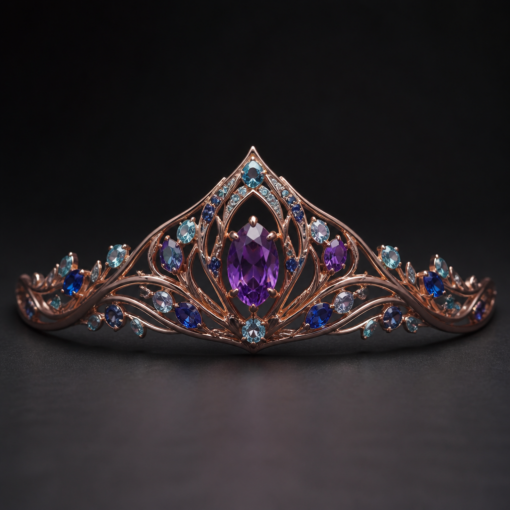 A contemporary women's tiara made of copper with amethyst and sapphire and aquamarine stones suitable for formal
photorealistic jewelry design, A contemporary women's tiara made of copper with amethyst and sapphire and aquamarine stones suitable for formal, contemporary style, just the design no text