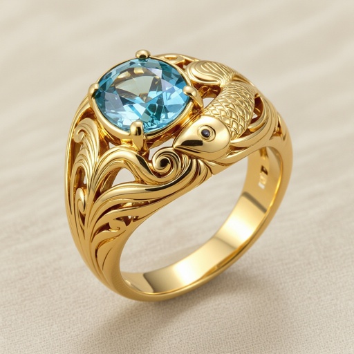Aquamarine ring with pisces/fish motif for man.