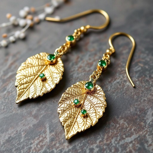 Серьги длинные на цепочках матовое золото мятое. Символ листок с прожилками на нем маленькие зеленые  камушки