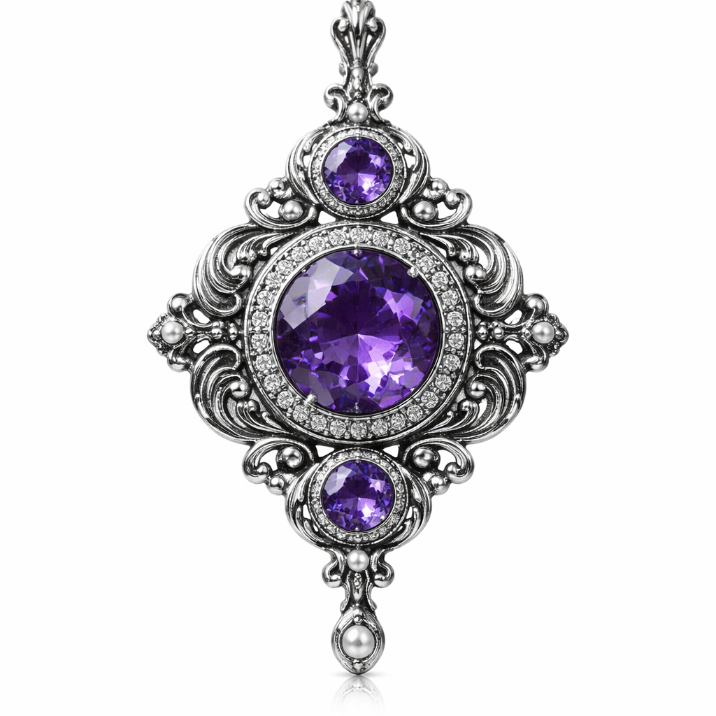 Three round amethyst gems, two small and one larger gemstones in a silver pendant