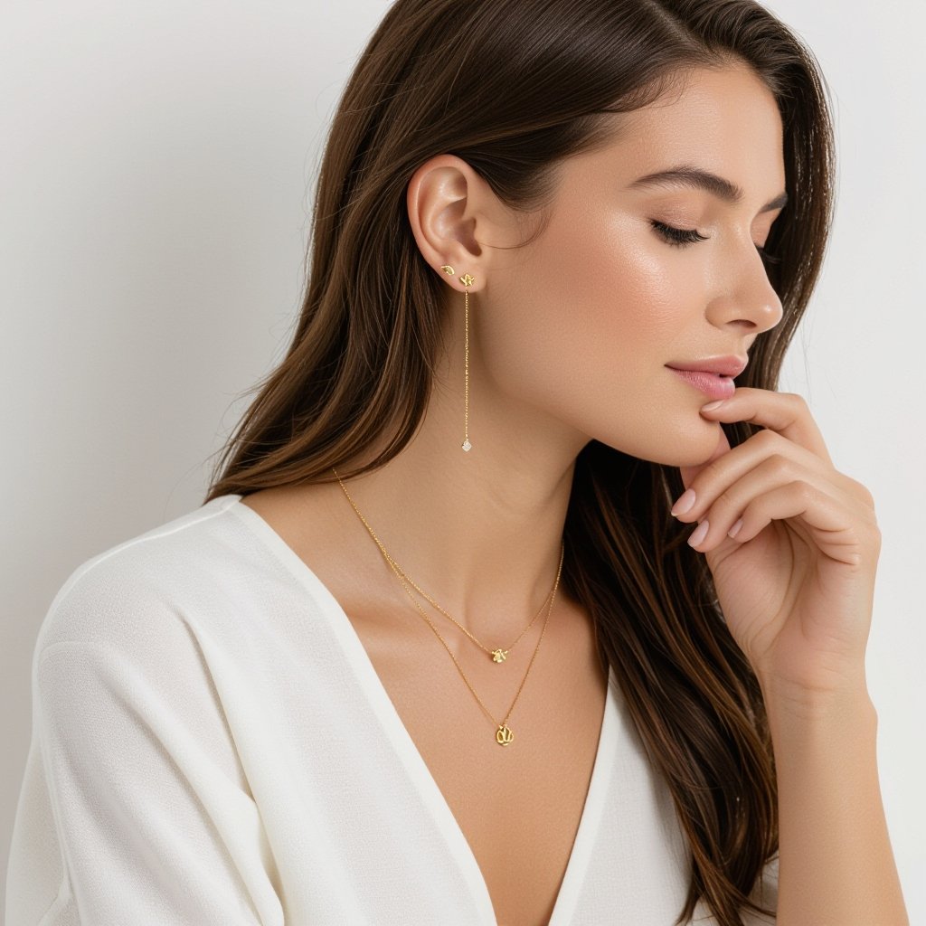 Серьги золото изящный маленький плоский лотос с необработанным маленьким хрусталем в центре, от лотоса идет золотая цепочка вниз с еще одним маленьким камушком хрусталя