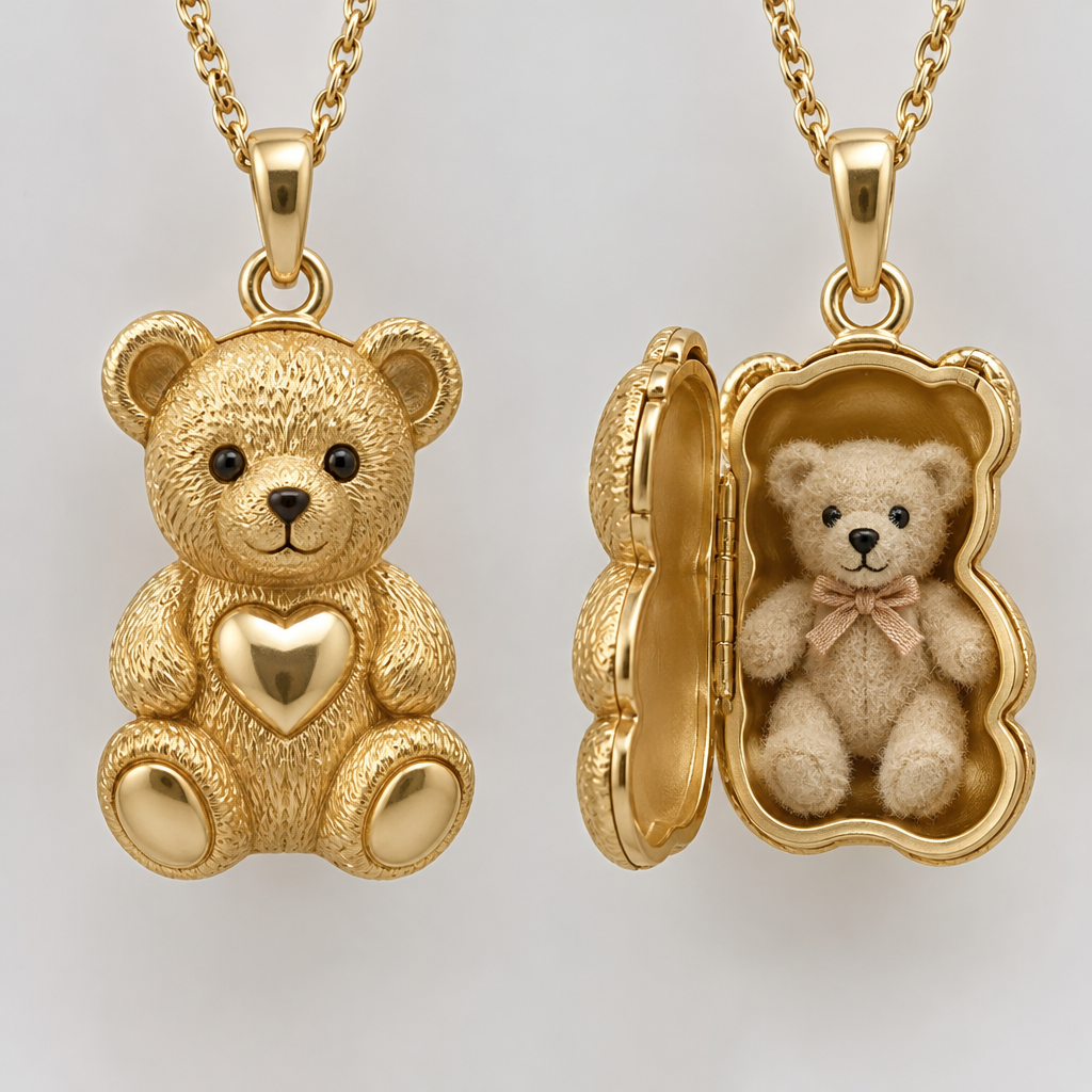 Emotional support stuffed animal
photorealistic jewelry design, Emotional support stuffed animal , locket style, just the design no text
