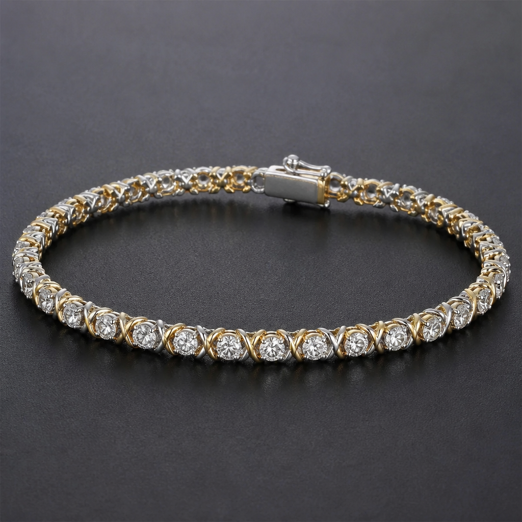 A tennis women's bracelet made of mixed metal with diamond stones suitable for wedding
photorealistic jewelry design, A tennis women's bracelet made of mixed metal with diamond stones suitable for wedding, tennis style, just the design no text