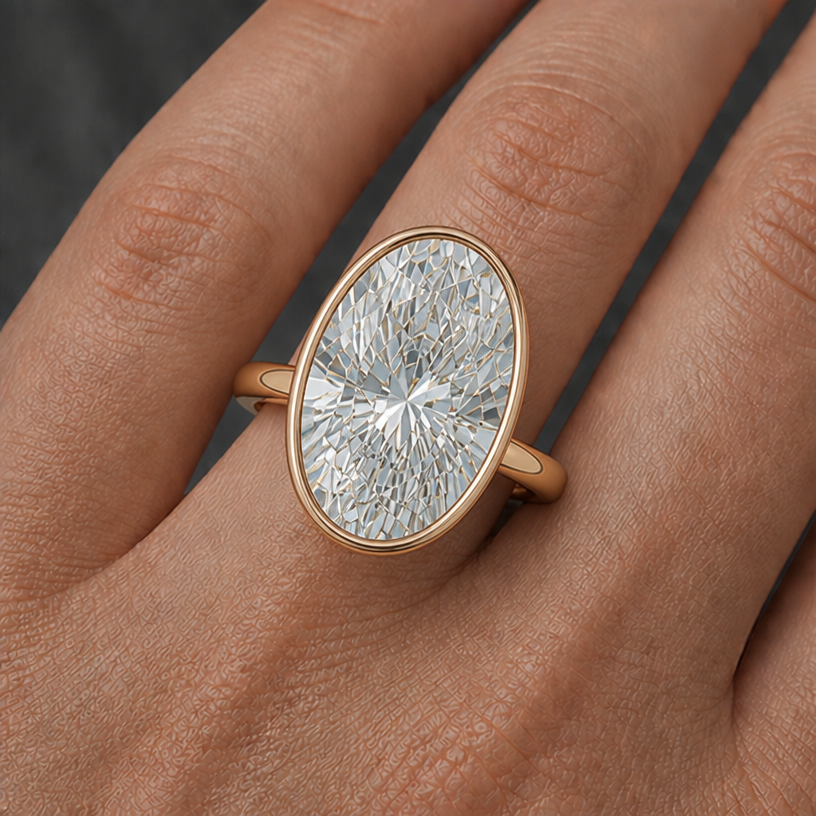 bigger oval stone, bezel
edit the attached jewelry design with these instructions: bigger oval stone, bezel. keep it photorealistic, just the design no text