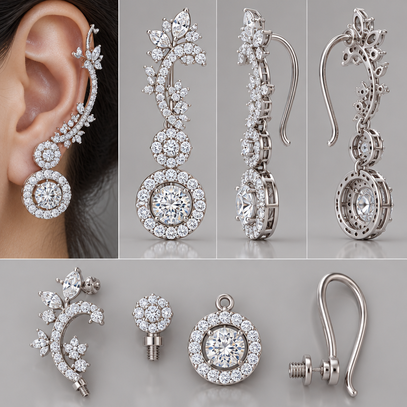 A women's earrings, highly ornate, intricate and elaborate, richly detailed. ตามแบบที่แนบไป สามารถถอดออกเป็นชิ้นๆ ได้, 4 view,เป็นตุ้งติ้งอ้อมหลังหู
using the attached image as a visual reference, create A women's earrings, highly ornate, intricate and elaborate, richly detailed. ตามแบบที่แนบไป สามารถถอดออกเป็นชิ้นๆ ได้, 4 view,เป็นตุ้งติ้งอ้อมหลังหู. photorealistic, just the design no text