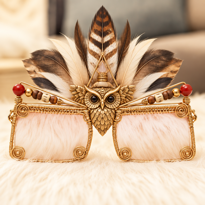 A tribal men's tiara. owl pendant at the center of the glasses
using the attached image as a visual reference, create A tribal men's tiara. owl pendant at the center of the glasses. photorealistic, just the design no text