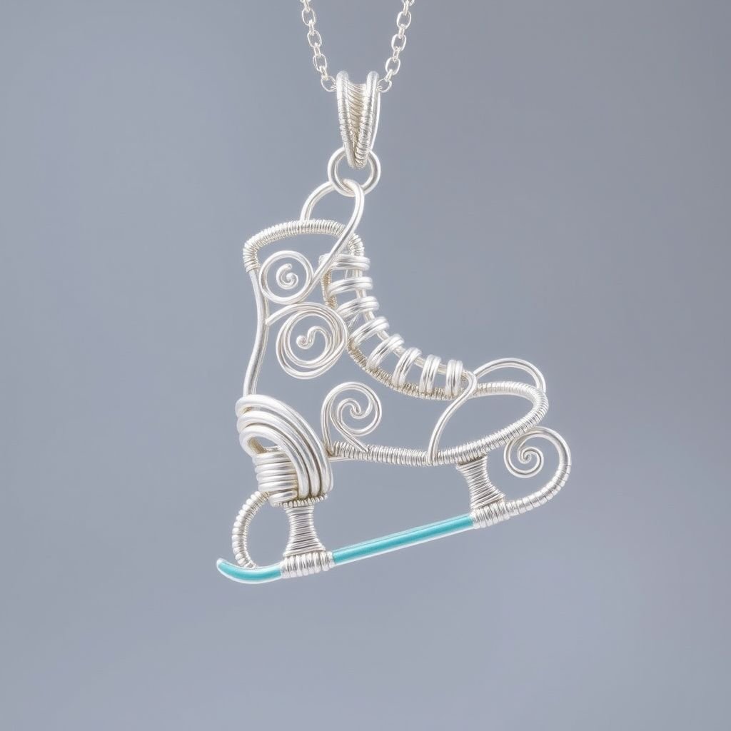 Silver Pendant shape one ice skate with turquoise stripe inside the low thin part blade
