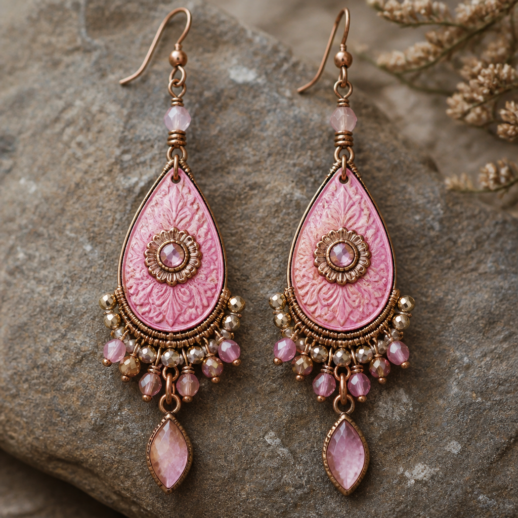 Create an artistic earring using pink tear drop embossed pink leather image with 3 inches in length. Create a finished artistic design of an earring using embellishments and other materials that can be handmade in 1.5 hours or less. Overall image should have a luxurious appearance and eye catching.
photorealistic jewelry design, Create an artistic earring using pink tear drop embossed pink leather image with 3 inches in length. Create a finished artistic design of an earring using embellishments and other materials that can be handmade in 1.5 hours or less. Overall image should have a luxurious appearance and eye catching., bohemian style, just the design no text