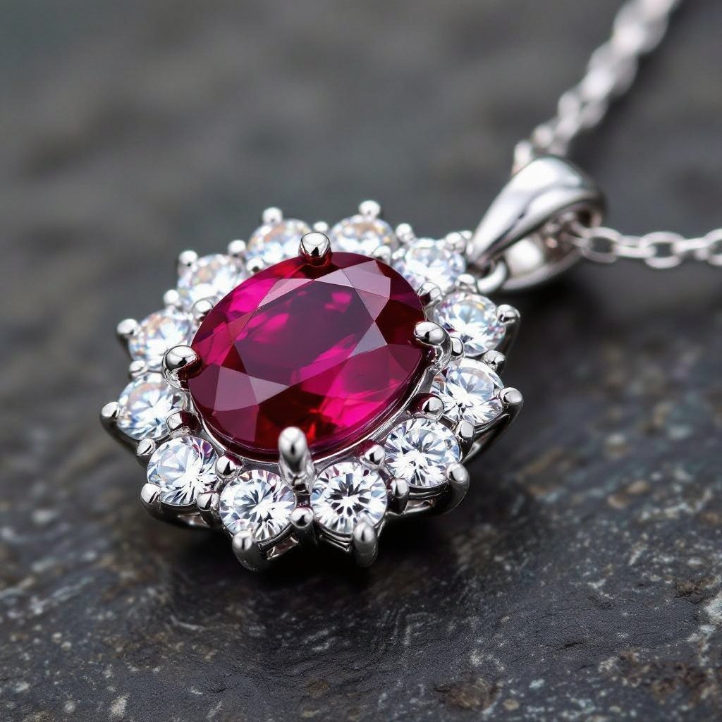 7x5mm oval pigeon blood ruby with 8 marquis cut diamonds each .08ct set in white gold pendant 