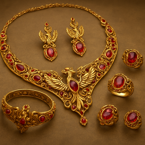 A full Ruby jewelry set including bracelet, earrings and rings with at least 10 citrine and topaz inlays with phoenix themes and an omega necklace