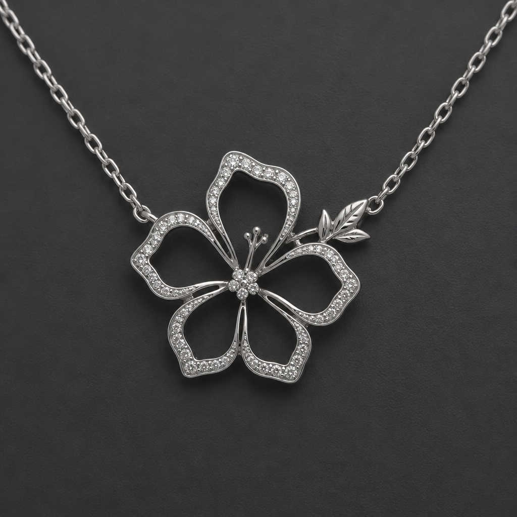 A women's necklace made of silver. hibicus ligne fine, (diamand poutours des petales vide, toutes les petales) et delicat ,3 tres petit diamand dans le milieu au bout de la tige interieur de la fleur vide, plus detail, 5 petales chaine de chaque coté, tige qui ne depasse la fleur, minimaliste mince féminin, rajouter minicule feuille
photorealistic jewelry design, A women's necklace made of silver. hibicus ligne fine, (diamand poutours des petales vide, toutes les petales) et delicat ,3 tres petit diamand dans le milieu au bout de la tige interieur de la fleur vide, plus detail, 5 petales chaine de chaque coté, tige qui ne depasse la fleur, minimaliste mince féminin, rajouter minicule feuille, modern style, just the design no text
