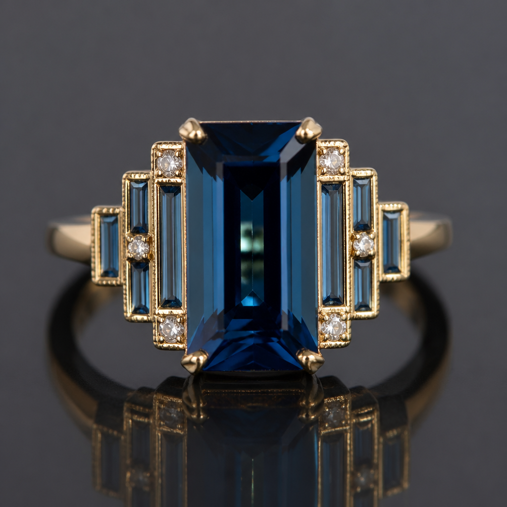 Art deco gold & Montana Safire ring
photorealistic jewelry design, Art deco gold & Montana Safire ring , just the design no text
