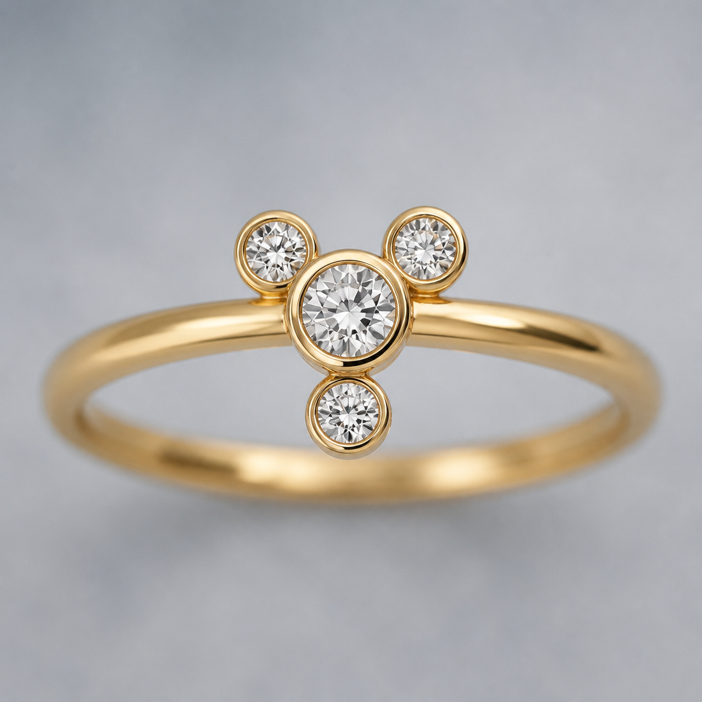 Gold Cluster ring with one 4mm diamond and three 2.5mm diamonds around it
photorealistic jewelry design, Gold Cluster ring with one 4mm diamond and three 2.5mm diamonds around it, just the design no text