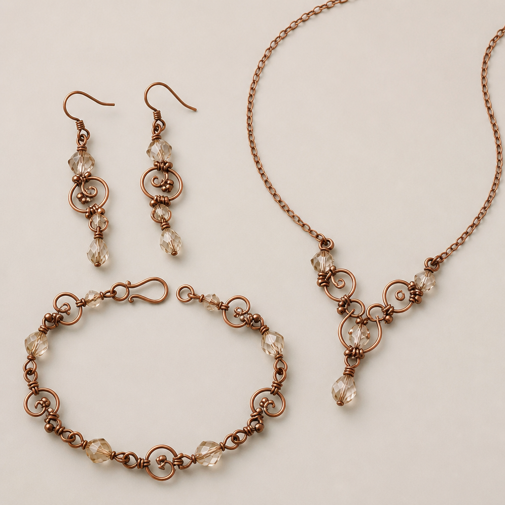 A baroque women's earrings made of copper suitable for daily wear, minimalist, simple and delicate, clean lines. made from wire, seed beads and crystal beads a set of earrings with matching bracelet and necklace
photorealistic jewelry design, A baroque women's earrings made of copper suitable for daily wear, minimalist, simple and delicate, clean lines. made from wire, seed beads and crystal beads a set of earrings with matching bracelet and necklace, baroque style, just the design no text